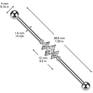 Titanium Industrial Barbell 3 marquise cut 2 round zirconias Internally Threaded