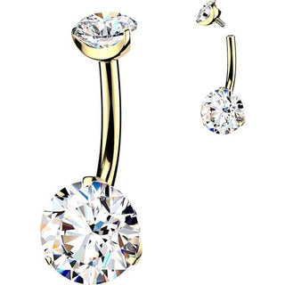 Titanium Belly Button Piercing gold prong set double cubic zirconia Internally Threaded