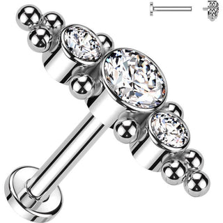 Titanium Labret 3 Zirconia Flat Silver Internally Threaded
