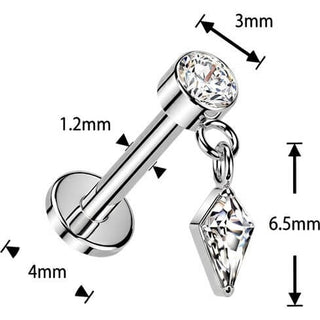 Titanium Labret bezel set cubic zirconia kite dangle Internally Threaded