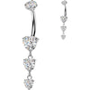 Titanium Belly Button Piercing triple descending heart cubic zirconia dangle Internally Threaded