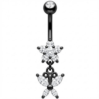 Piercing Ombelico Fiore Cristallo Pendente Farfalla