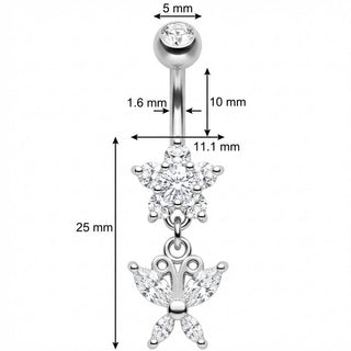 Piercing Ombelico Fiore Cristallo Pendente Farfalla