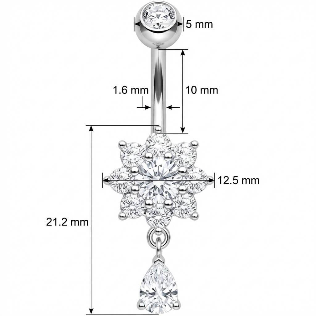 Piercing Da Ombelico Acciaio Chirurgico, Argento, Finitura Lucida Con Motivo A Fiocco Di Neve Piercing Da Ombelico Acciaio Chirurgico, Argento, Finitura Lucida Con Motivo A Fiocco Di Neve
