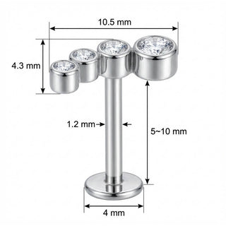 Titanio Labret Arco Curvo Quattro Cristalli Filettatura Interna