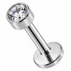 Titanium Labret Round Bezel Set Clear Crystal Internally Threaded