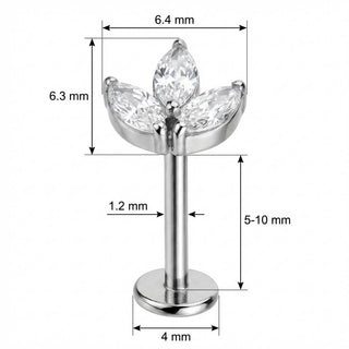 Titanio Labret Trio Cristalli Marquise Floreale Filettatura Interna