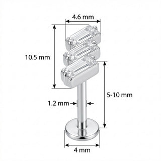 Titanio Labret Cluster Triplo Cristallo Baguette Filettatura Interna