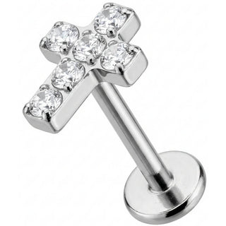 Titanio Labret Croce con Cristalli Luminosi Filettatura Interna