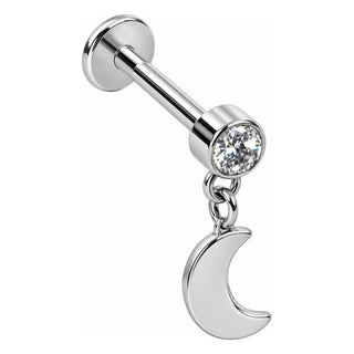 Titanium Labret Bezel Crystal With Dangle Moon Internally Threaded