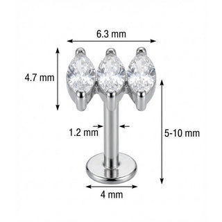Titanio Labret Cluster Tre Cristalli Marquise Filettatura Interna