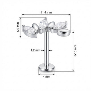 Titanio Labret Tralcio Curvo Cristalli e Foglie Filettatura Interna