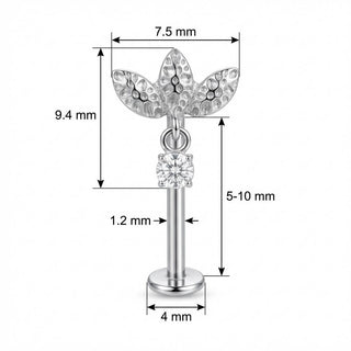 Titanio Labret Foglie Testurizzate Pendente Cristallo Filettatura Interna