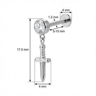 Titanium Labret Dangling Dagger With Clear Crystal Internally Threaded