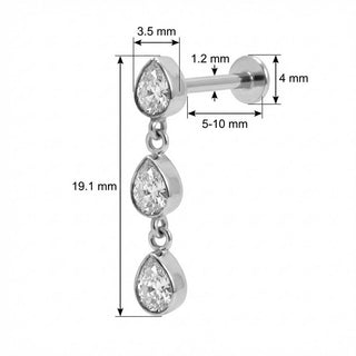 Titanio Labret Cascata Cristalli a Goccia Filettatura Interna