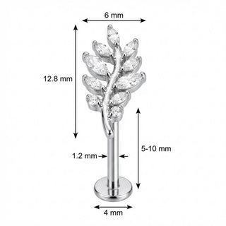 Titanio Labret Ramo Felce Curvo Cristalli Filettatura Interna