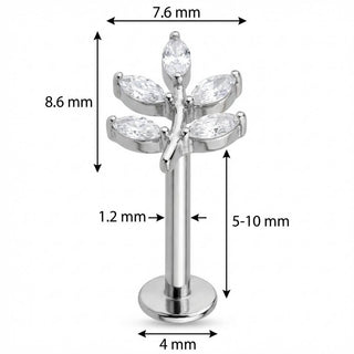 Titanio Labret Ramo Foglie Cristallo Marquise Filettatura Interna