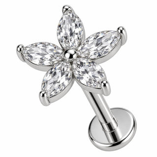 Titanium Labret Five Petal Marquise Stone Flower Internally Threaded
