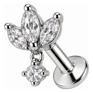 Silver 925 Labret Floral Fan With Drop Stone Internally Threaded