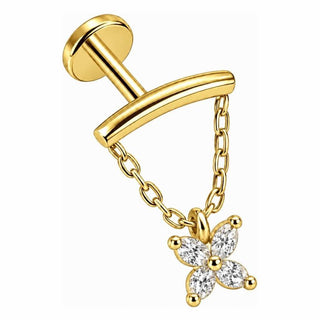 Silver 925 Labret Curved Bar Flower Chain Internally Threaded