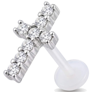 Titanium Labret Cross With Clear Stones Internally Threaded